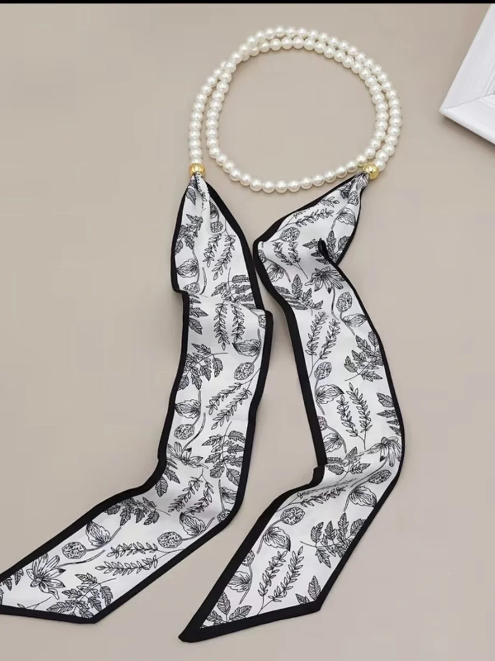 Pearl-Accent Black & White Botanical Scarf